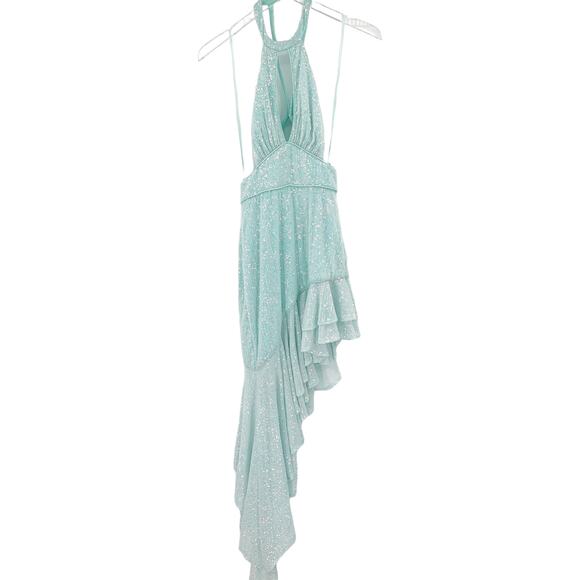 MAC DUGGAL Dress Size 0 Evening Gown Sequin Aqua NEW High Low Ruffle Cut Out - Picture 6 of 9